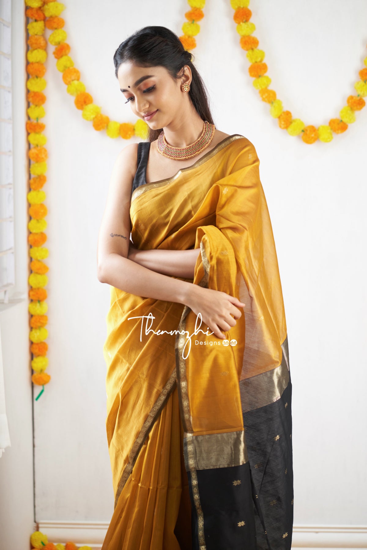 Ethnic Mustard Maheshwari Silk Cotton Handloom Saree