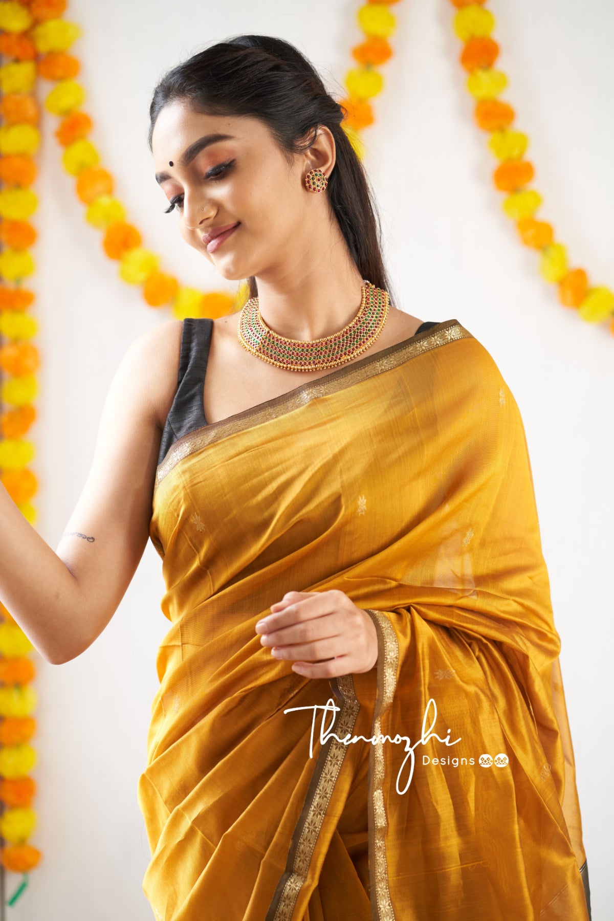 Ethnic Mustard Maheshwari Silk Cotton Handloom Saree