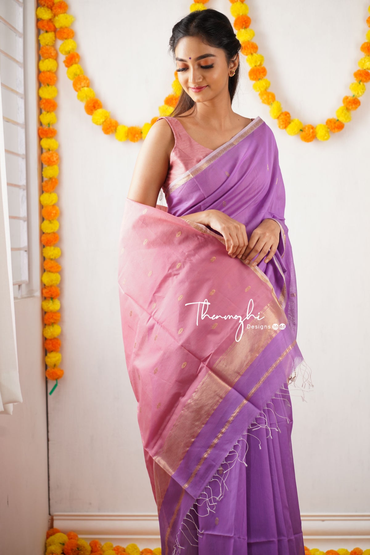 Ethnic Lavendar Maheshwari Silk Handloom Cotton Saree
