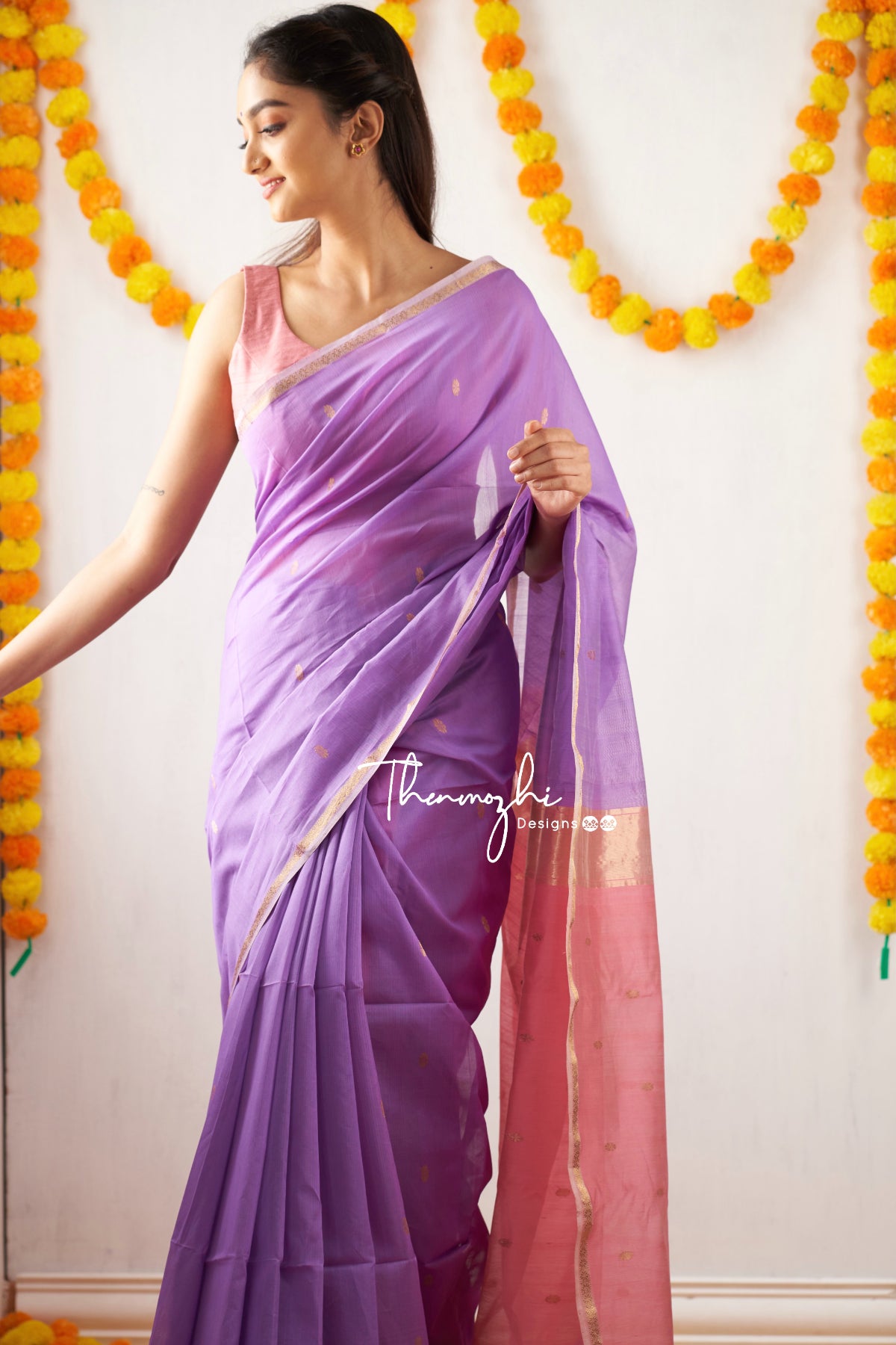 Ethnic Lavendar Maheshwari Silk Handloom Cotton Saree