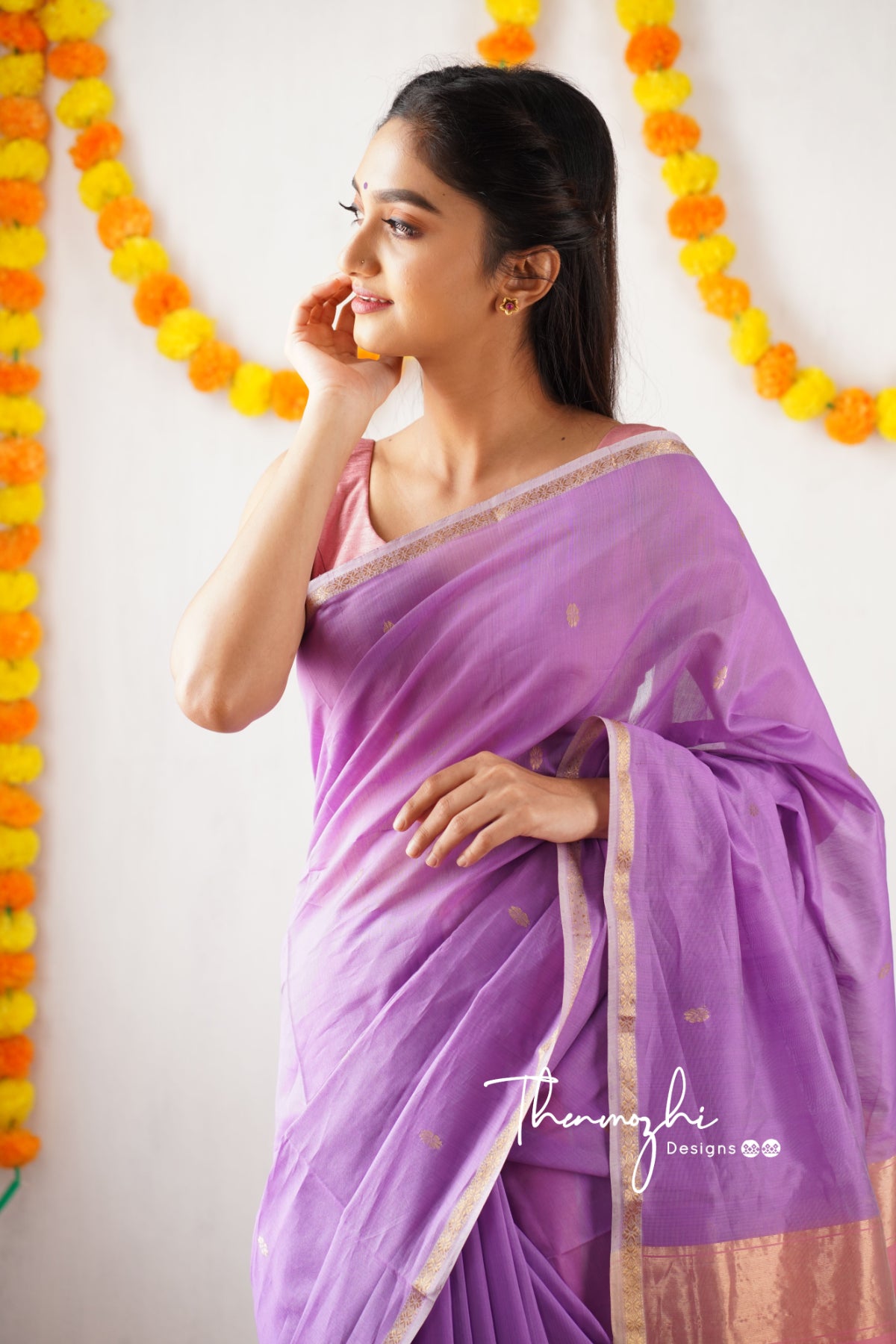 Ethnic Lavendar Maheshwari Silk Handloom Cotton Saree