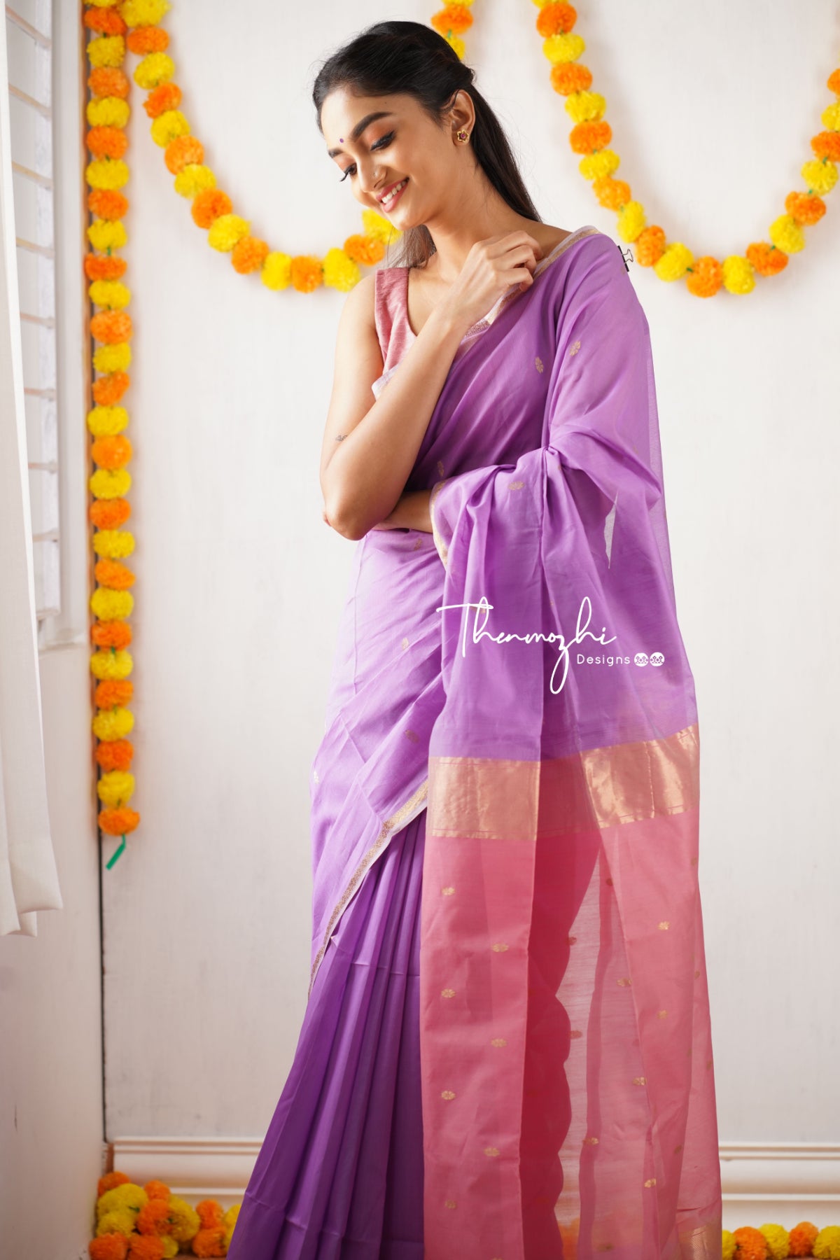 Ethnic Lavendar Maheshwari Silk Handloom Cotton Saree