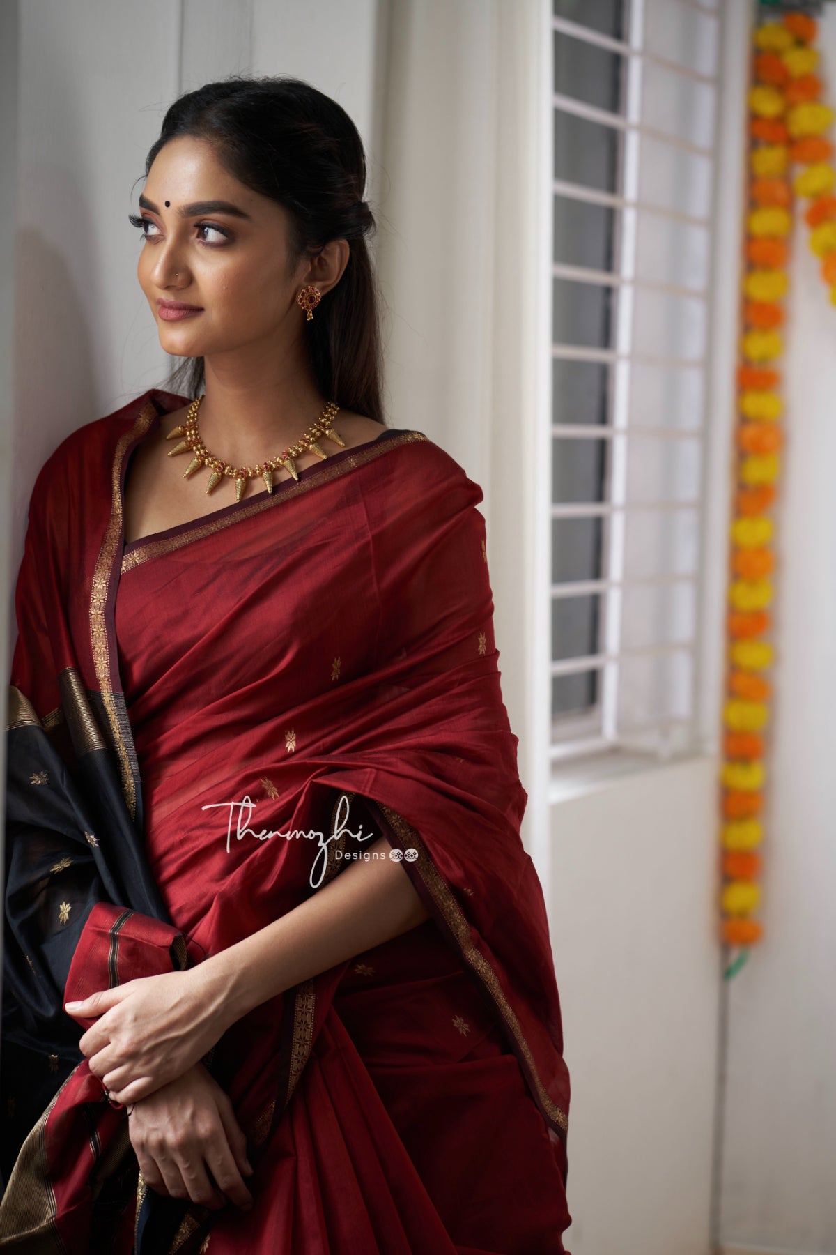 Ethnic Maroon Maheshwari Silk Cotton Handloom Saree