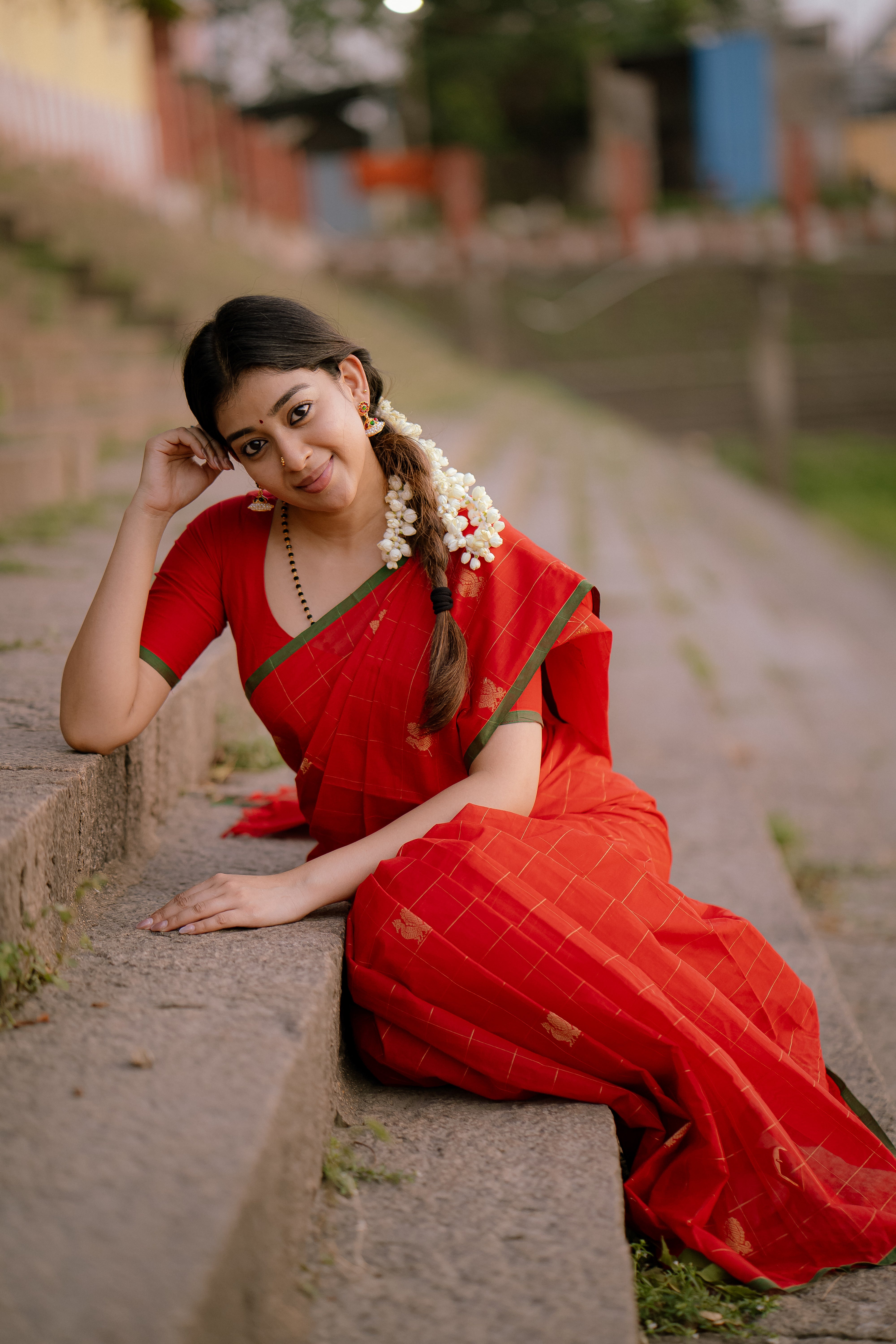 Luthuf - Red Zari Checked Chettinad Saree