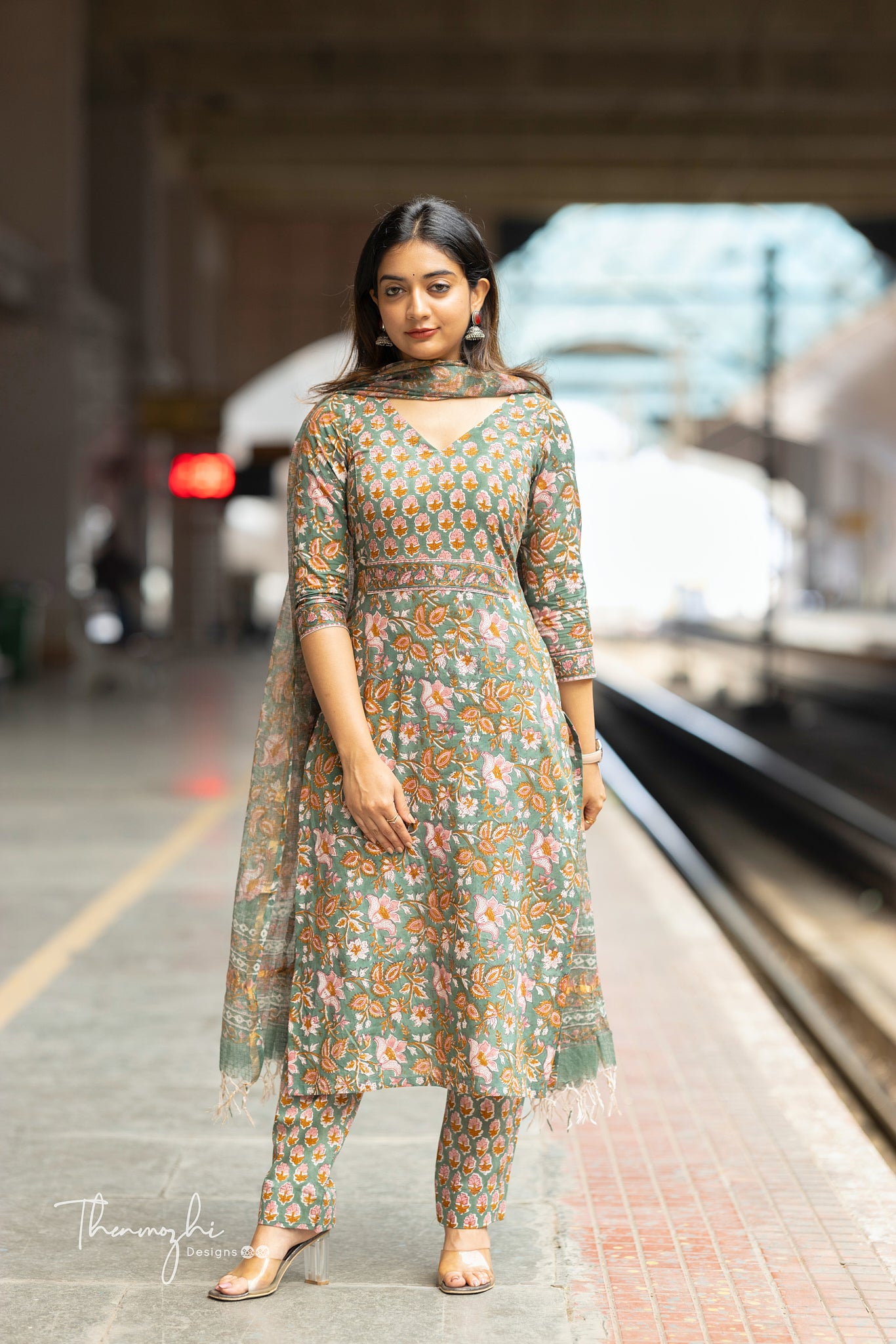 Teal Green Cotton Suit Set with Kota Dupatta - Main Image