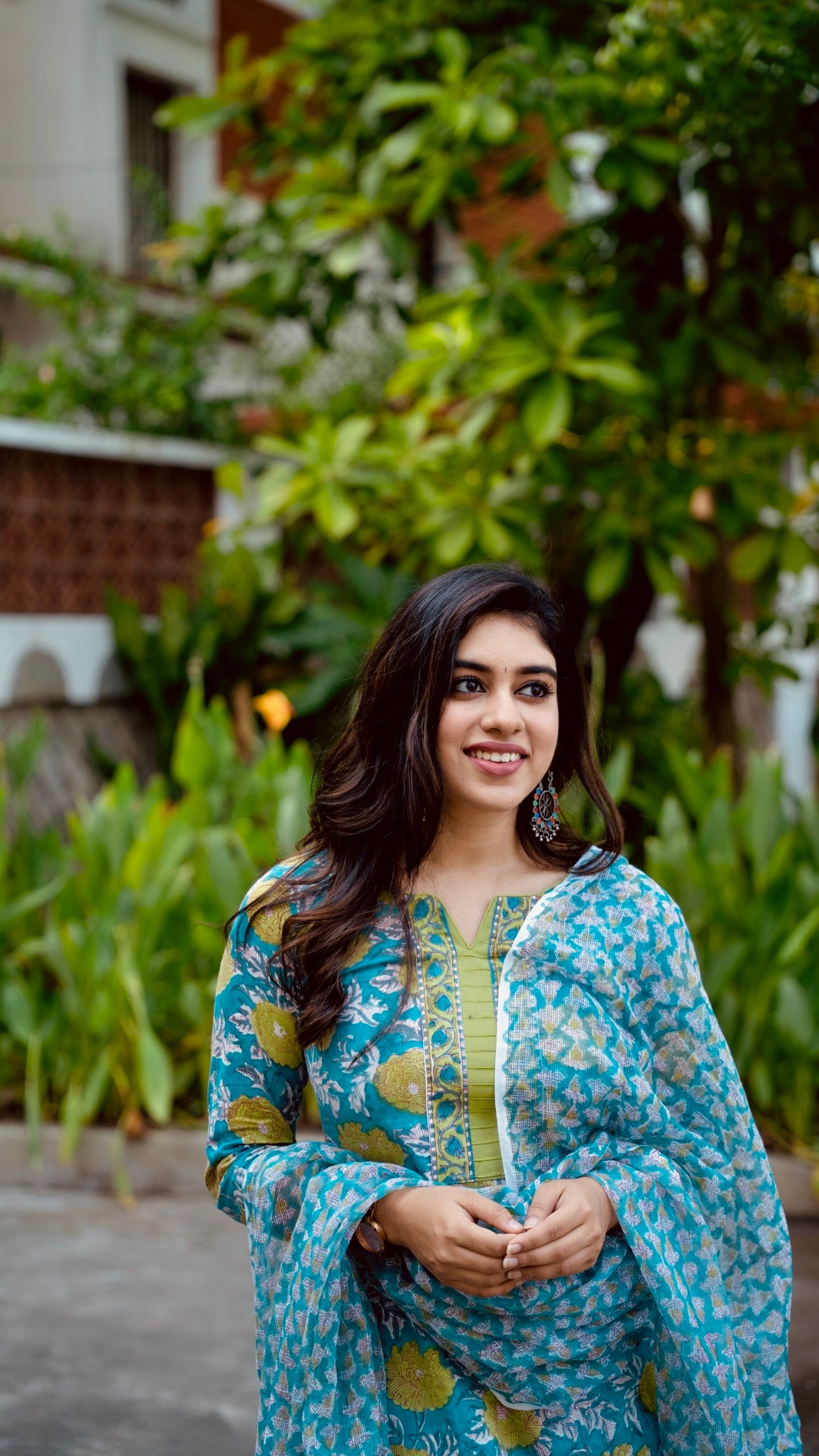 Ramya Blue and Green Floral Cotton Suit with Kota Dupatta