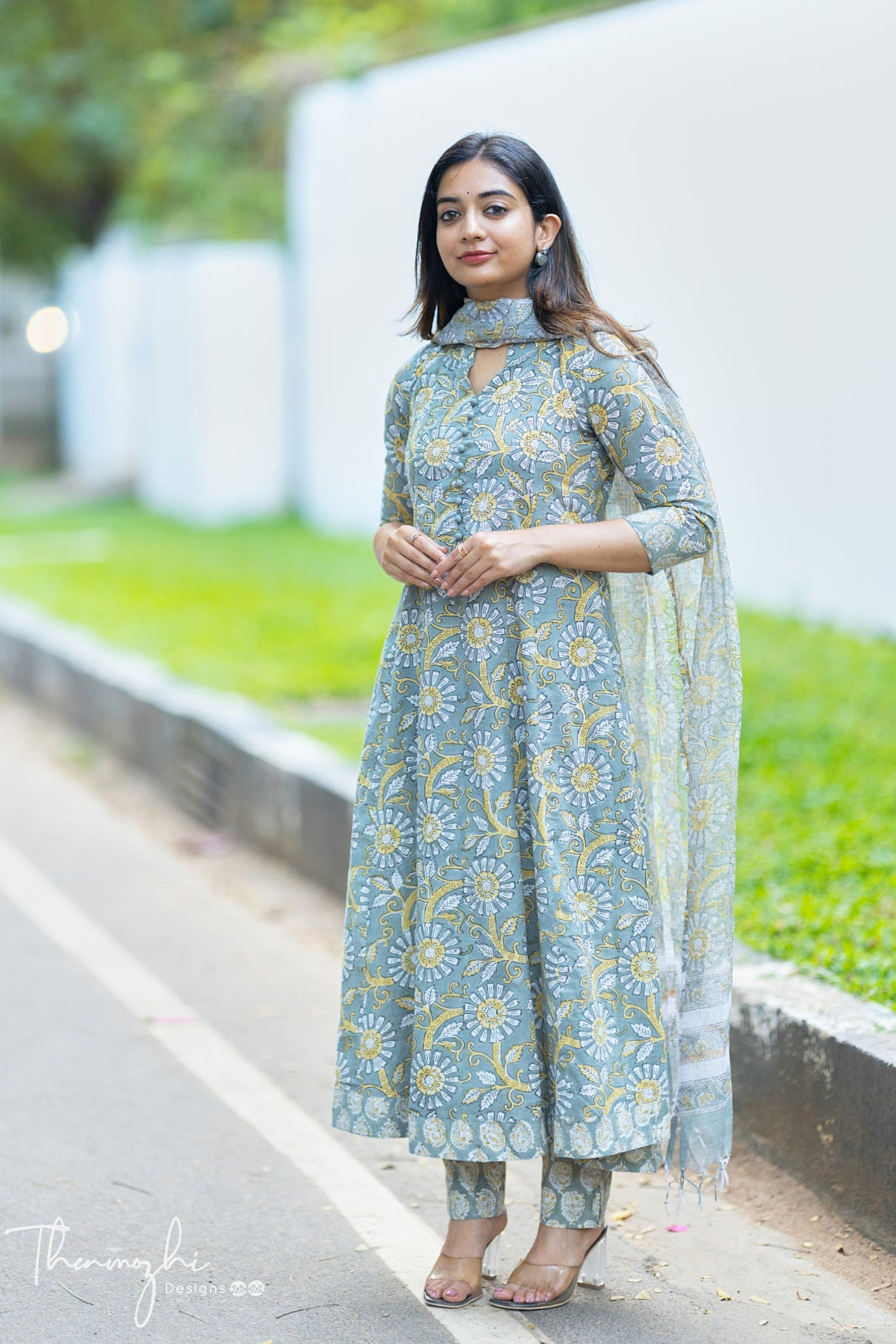 Grey Anarkali - Cotton Suit Set with Kota Dupatta