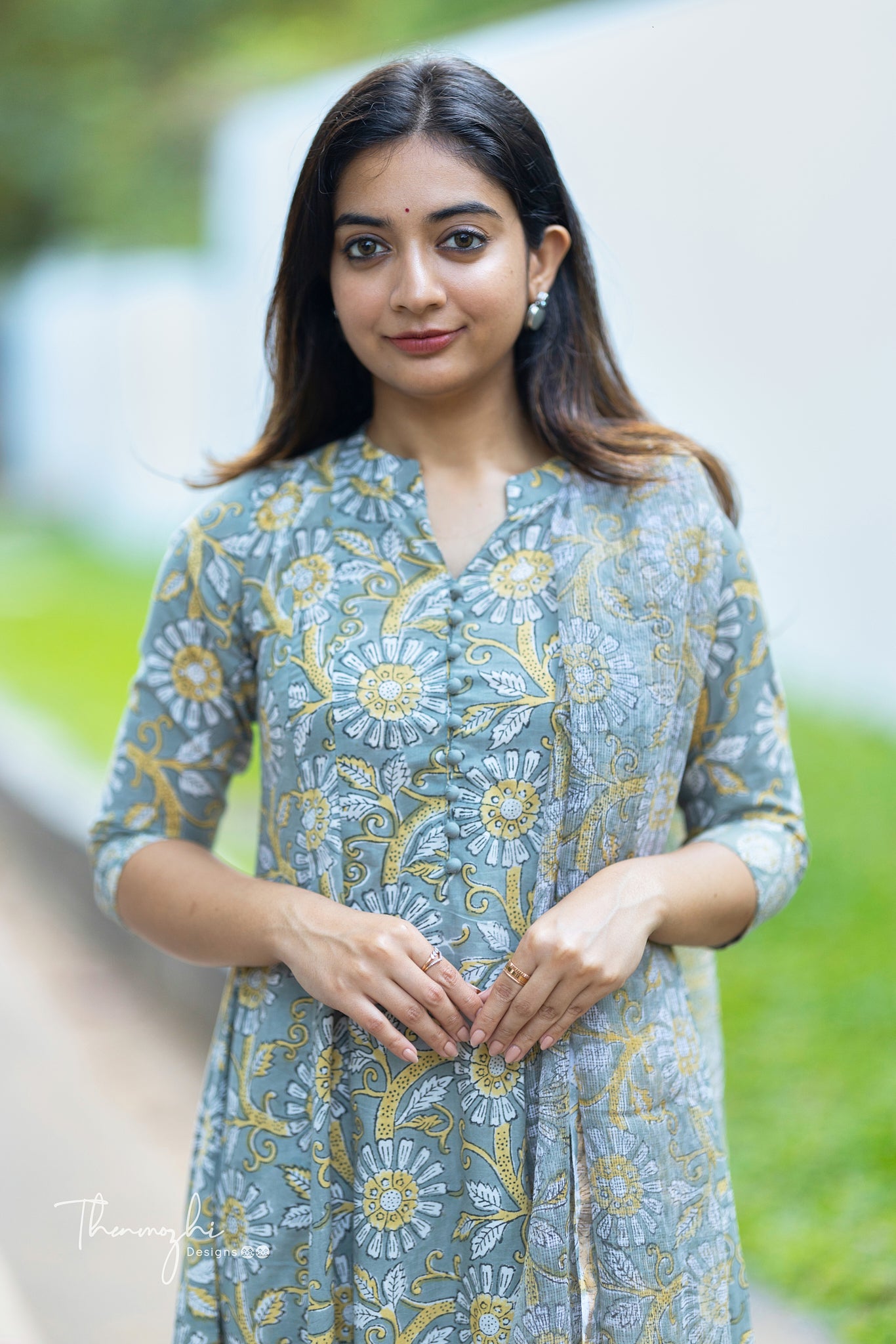 Grey Anarkali - Cotton Suit Set with Kota Dupatta