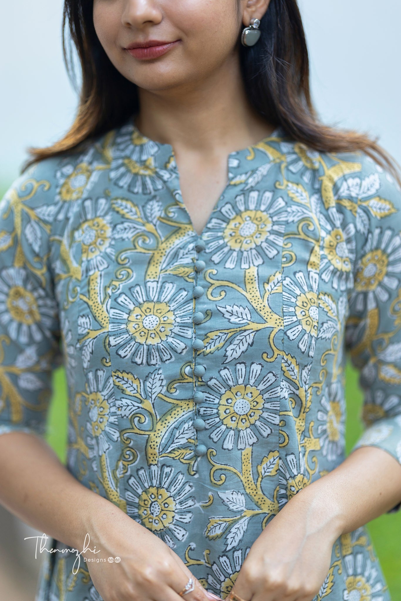 Grey Anarkali - Cotton Suit Set with Kota Dupatta