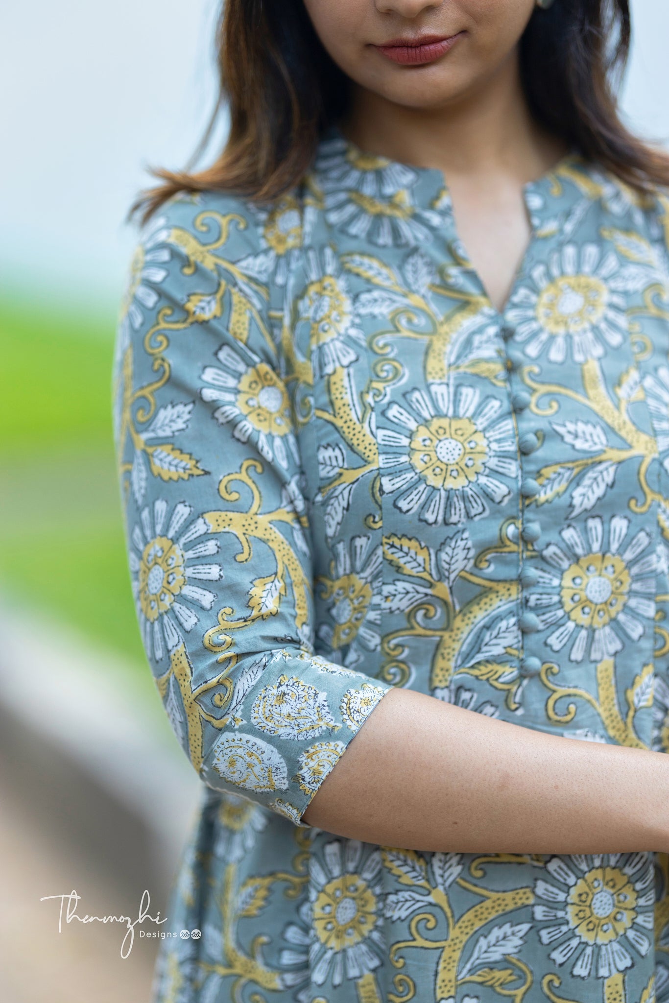 Grey Anarkali - Cotton Suit Set with Kota Dupatta