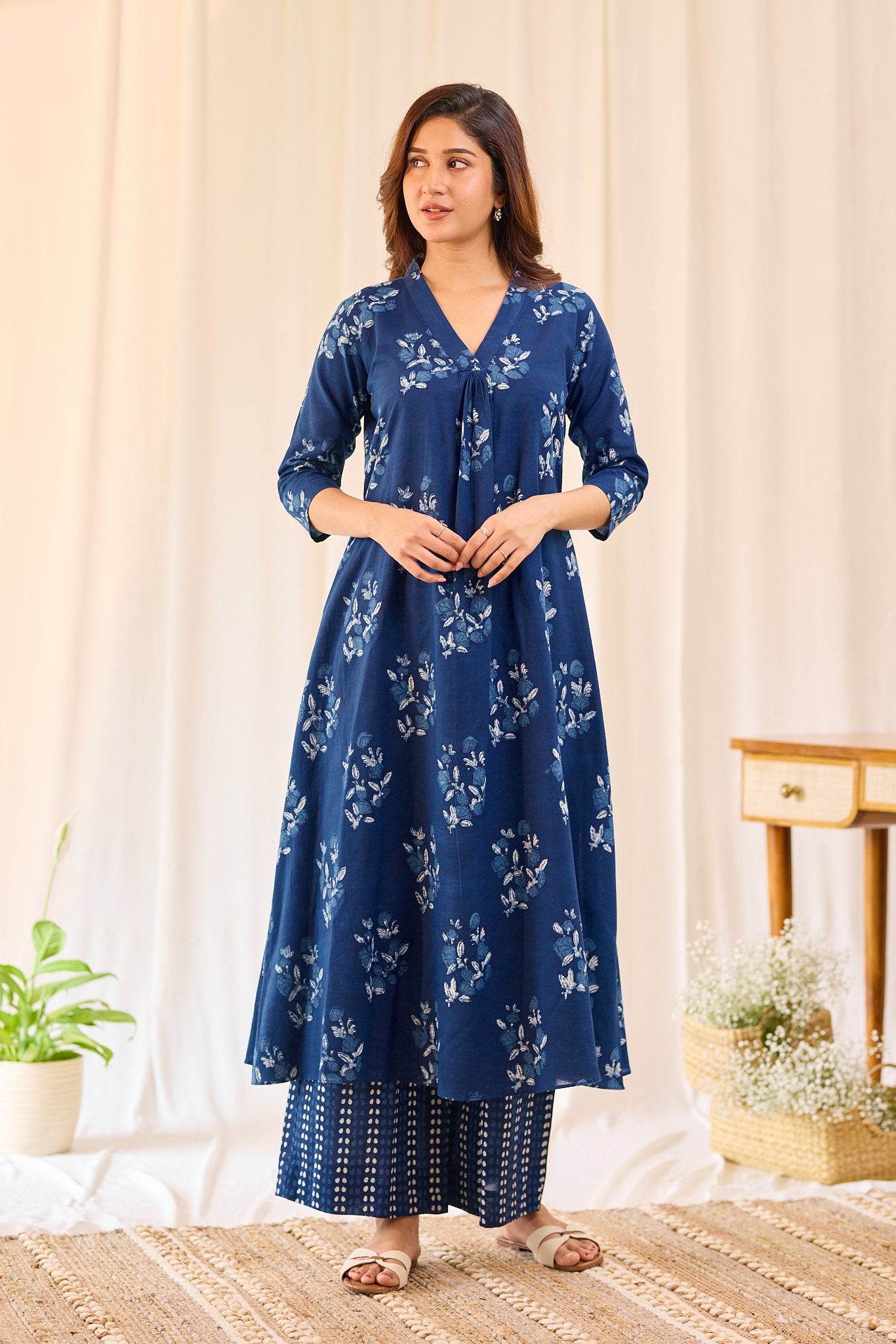 Indigo Blue A - line Free style Hand-block Top with Palazzo Pant