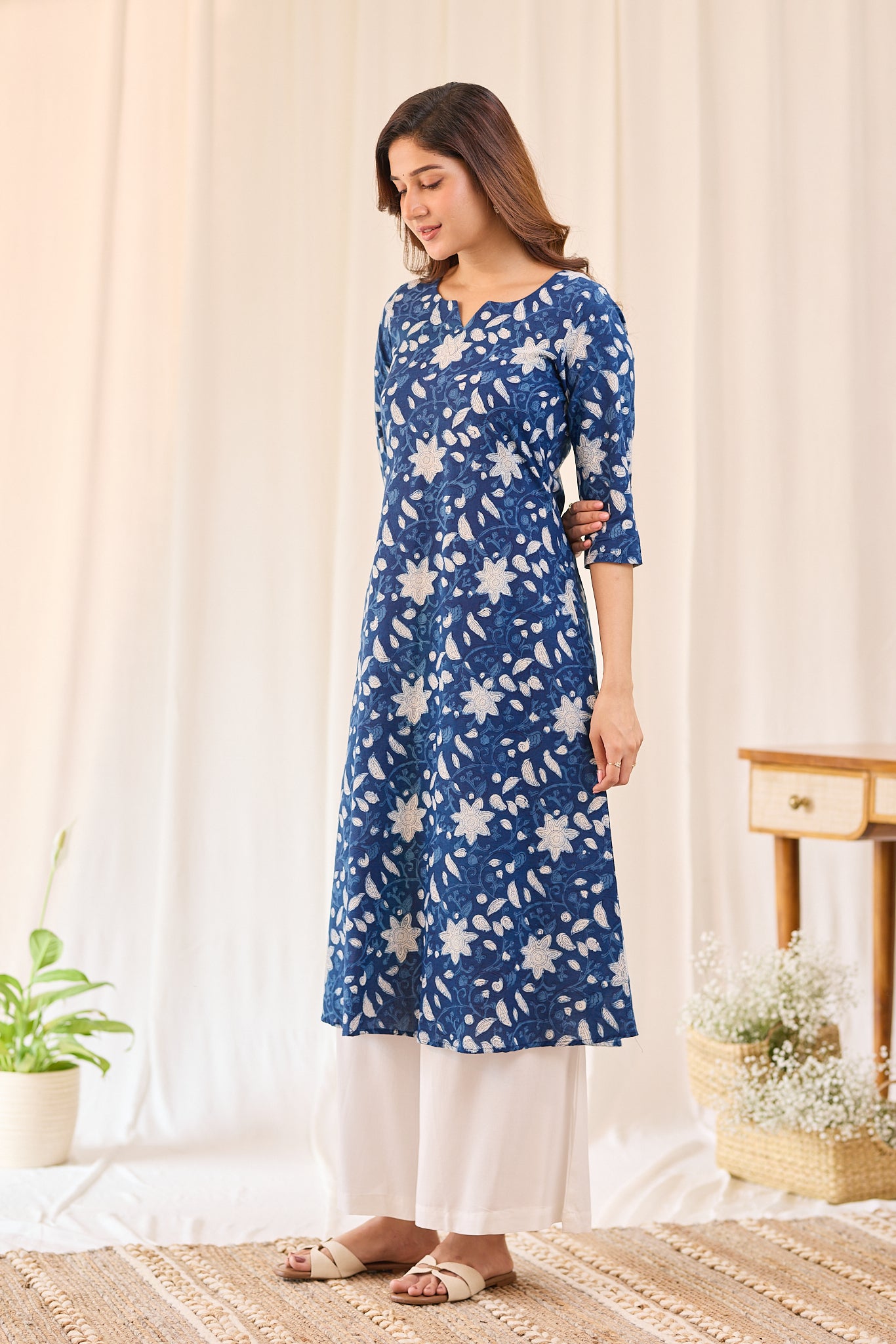 Indigo blossom floral Hand-block printed kurta