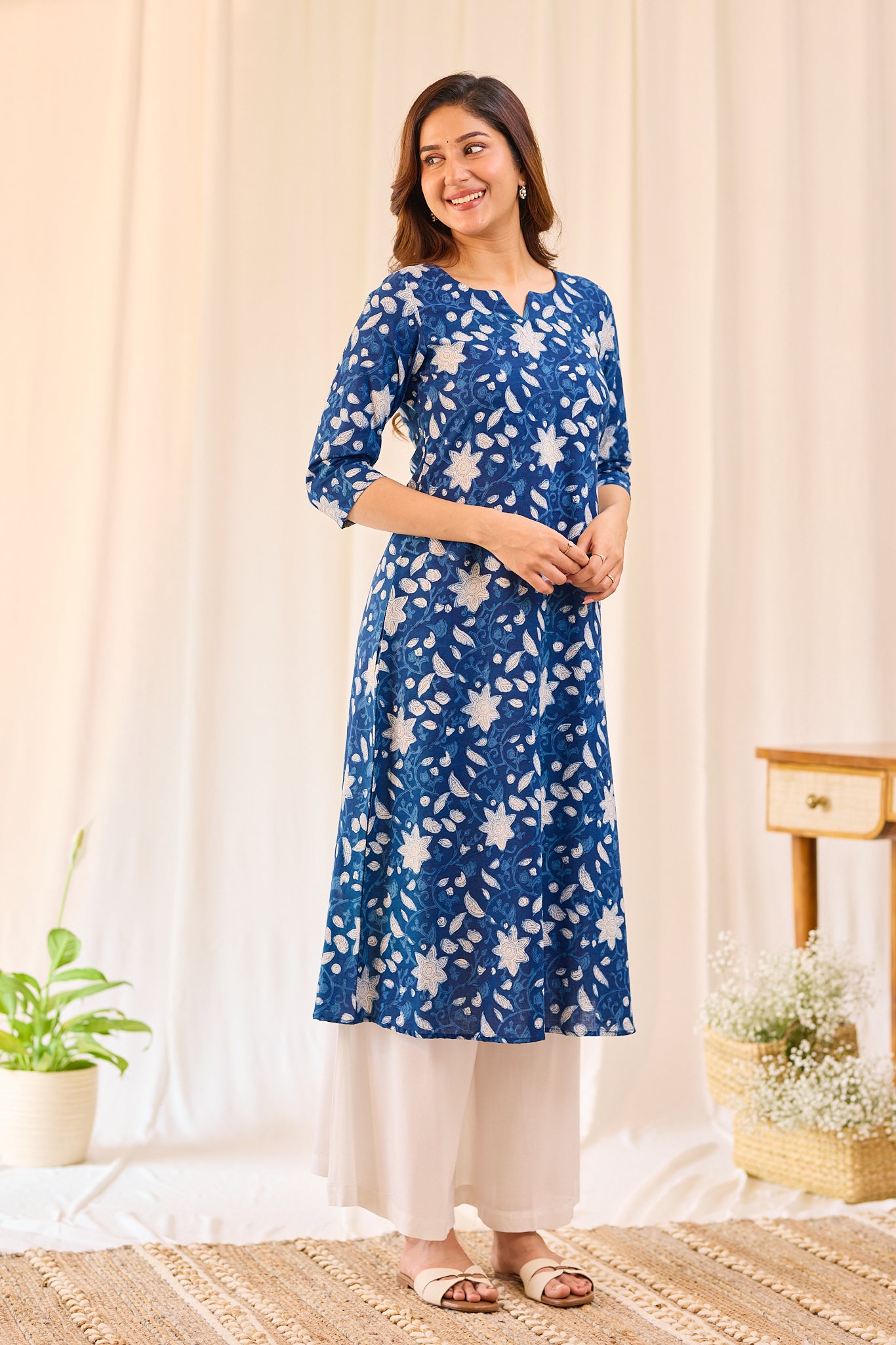 Indigo blossom floral Hand-block printed kurta