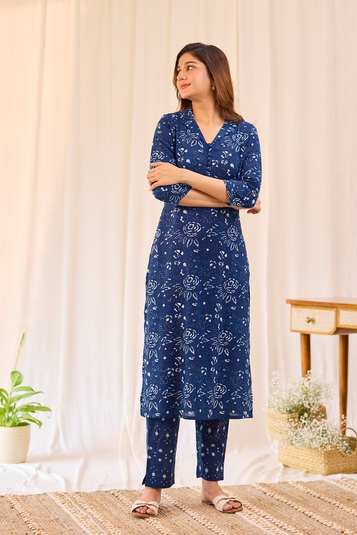 Indigo blue floral Hand - block printed Kurta Set