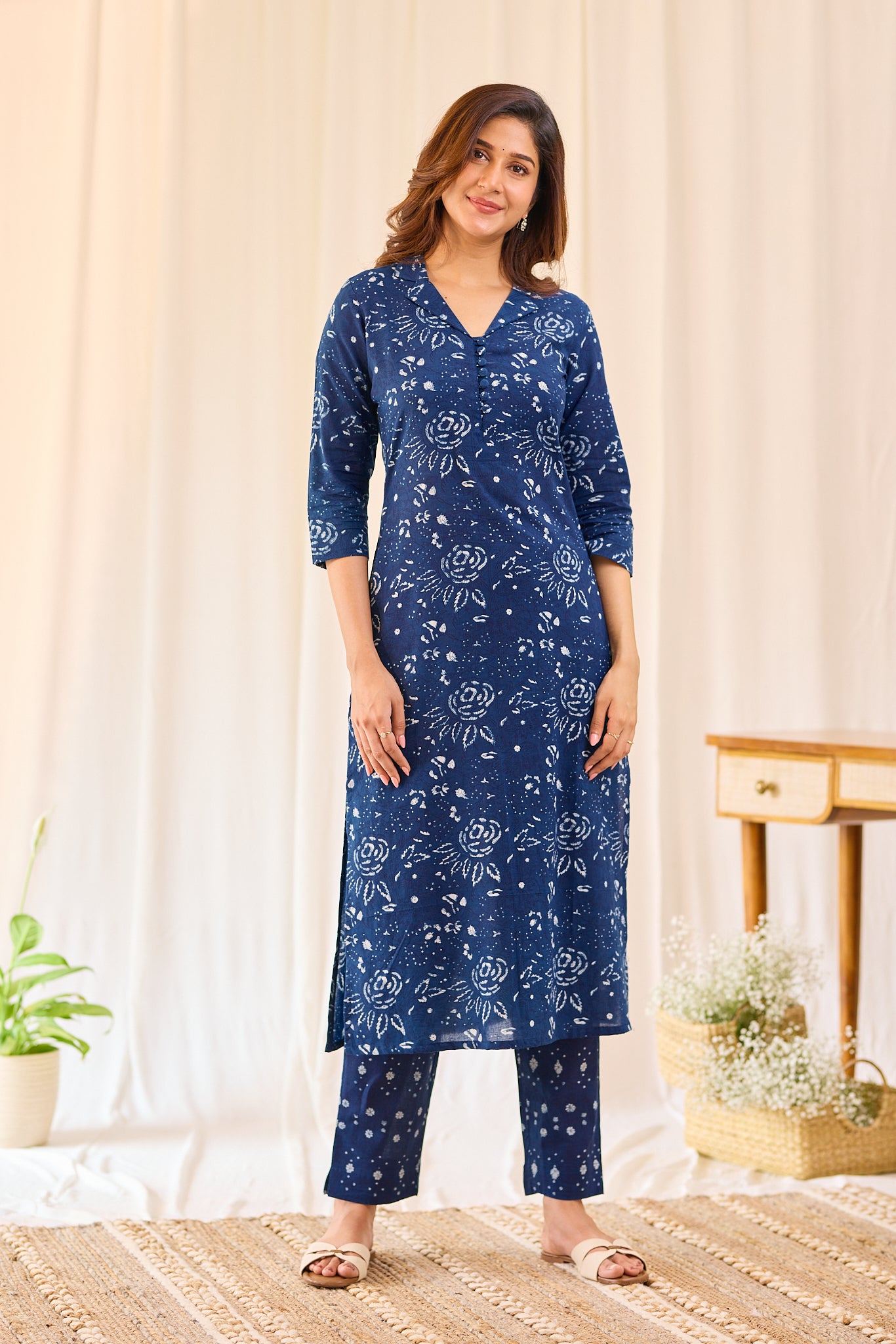 Indigo blue floral Hand - block printed Kurta Set
