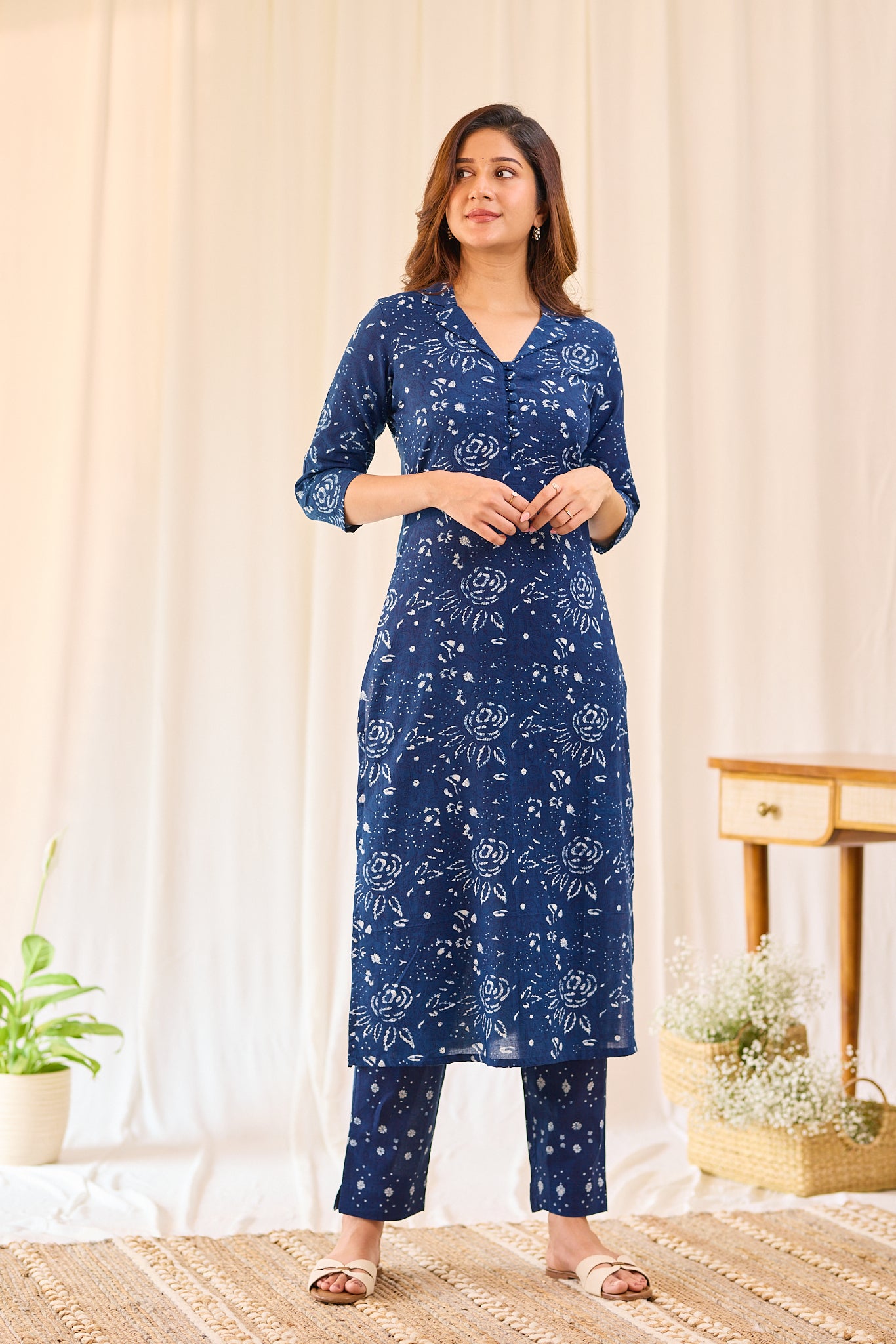 Indigo blue floral Hand - block printed Kurta Set