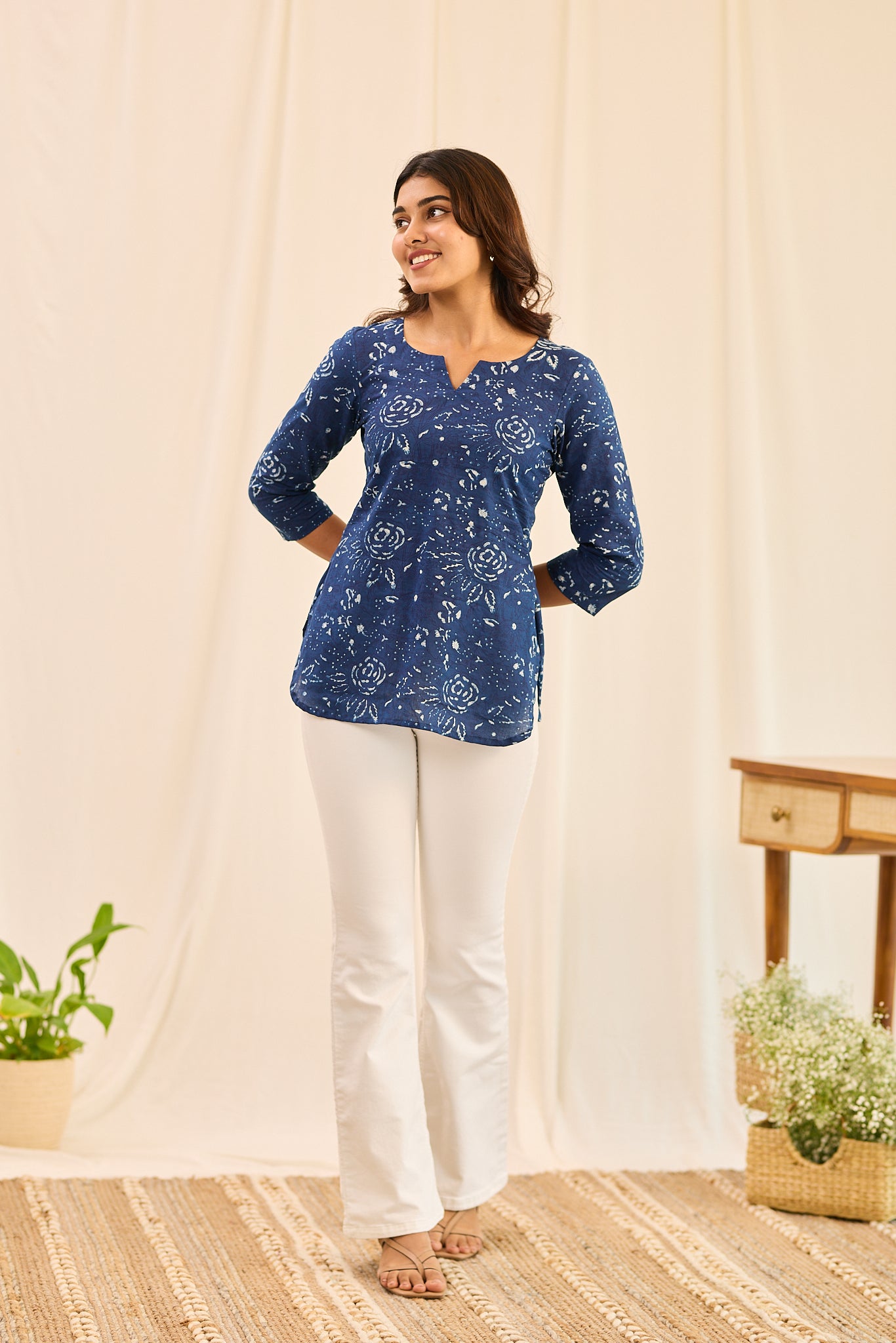 Indigo with Soft White Motif Printed Cotton Short Kurti