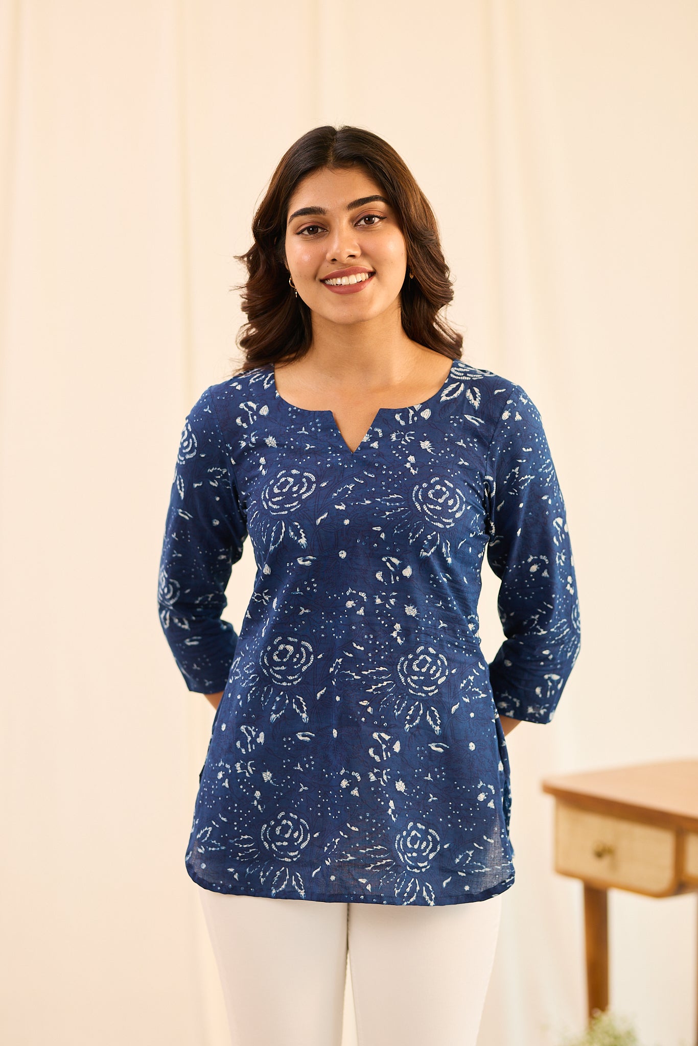 Indigo with Soft White Motif Printed Cotton Short Kurti