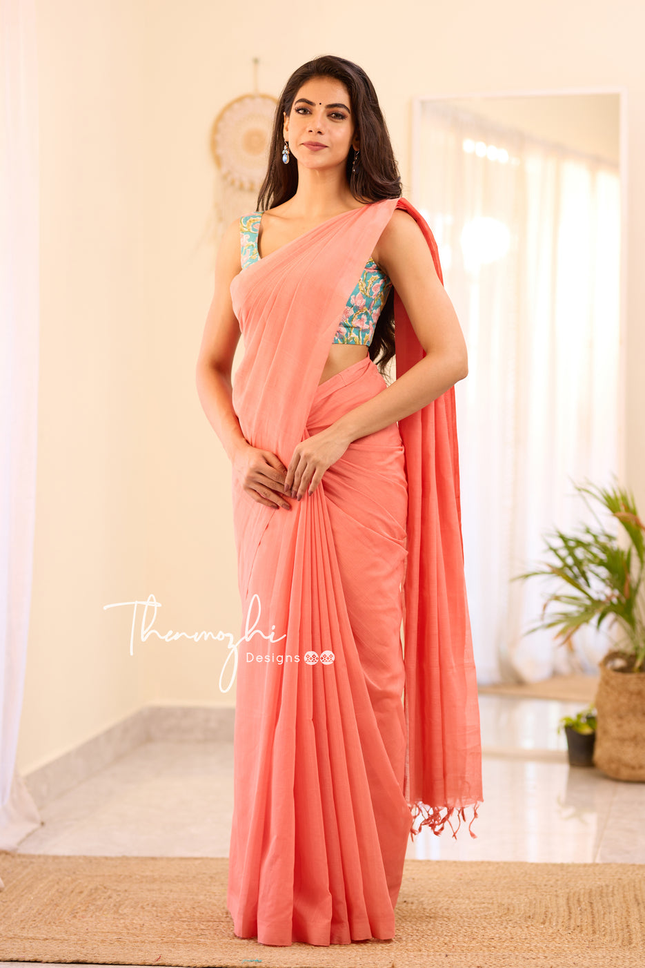 Coral Glow - Peach Mangalagiri Plain Cotton Saree