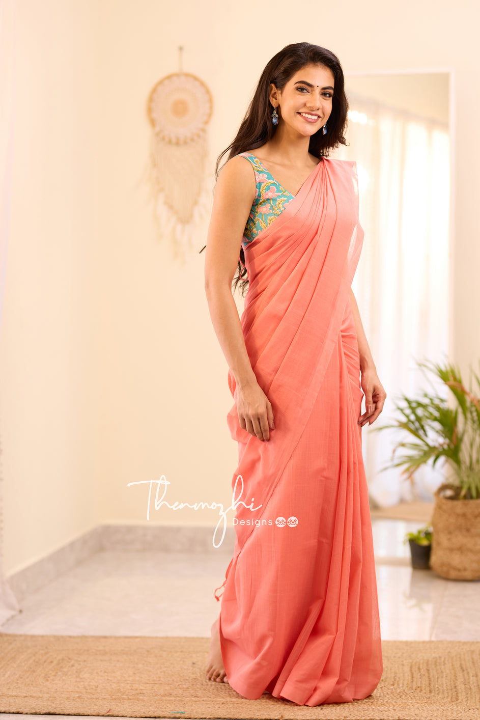 Coral Glow - Peach Mangalagiri Plain Cotton Saree