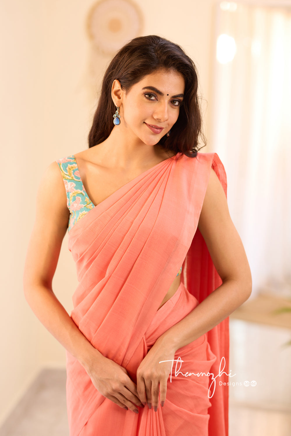 Coral Glow - Peach Mangalagiri Plain Cotton Saree