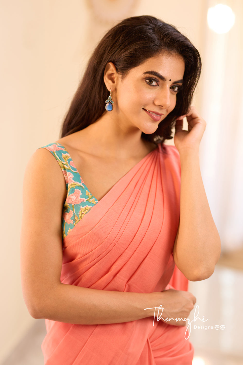Coral Glow - Peach Mangalagiri Plain Cotton Saree