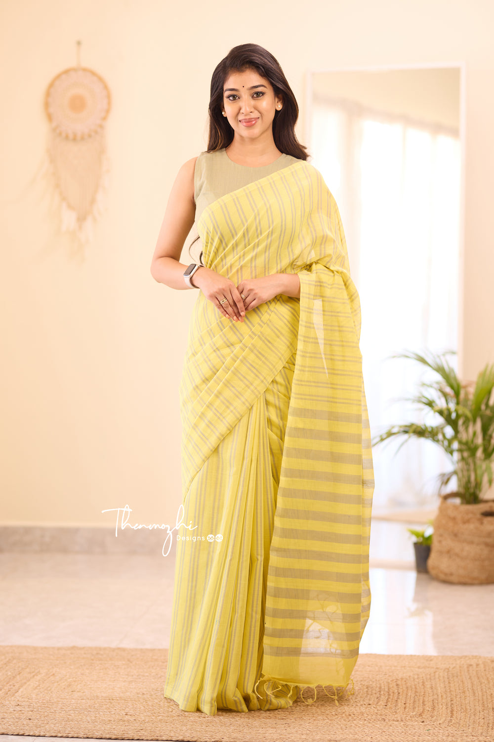 Yellow Mangalagiri Cotton Stripe Saree