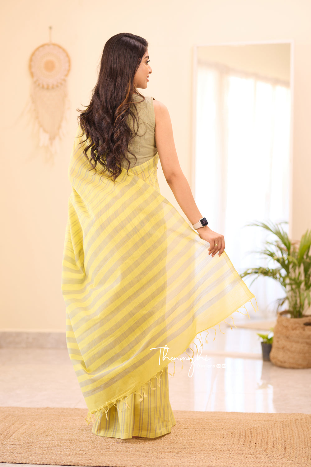 Yellow Mangalagiri Cotton Stripe Saree