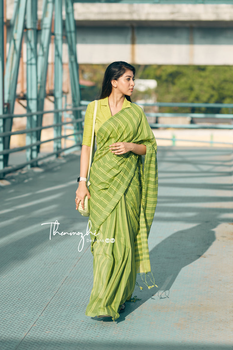 Green Mangalagiri Cotton Stripe Saree