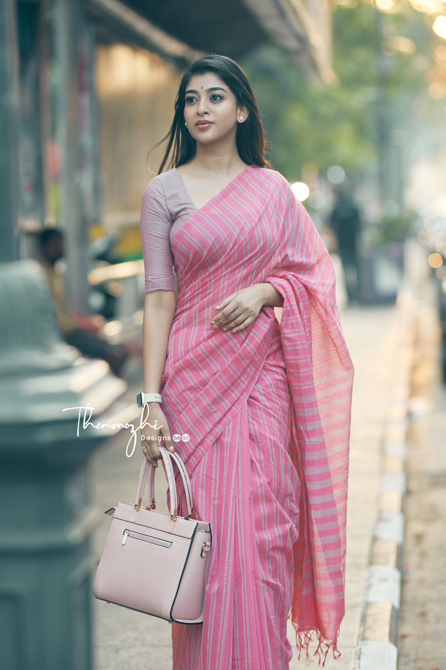Pink Mangalagiri Cotton Stripe Saree