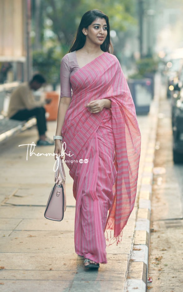 Pink Mangalagiri Cotton Stripe Saree