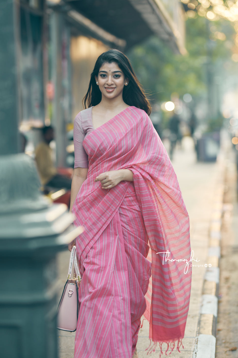 Pink Mangalagiri Cotton Stripe Saree