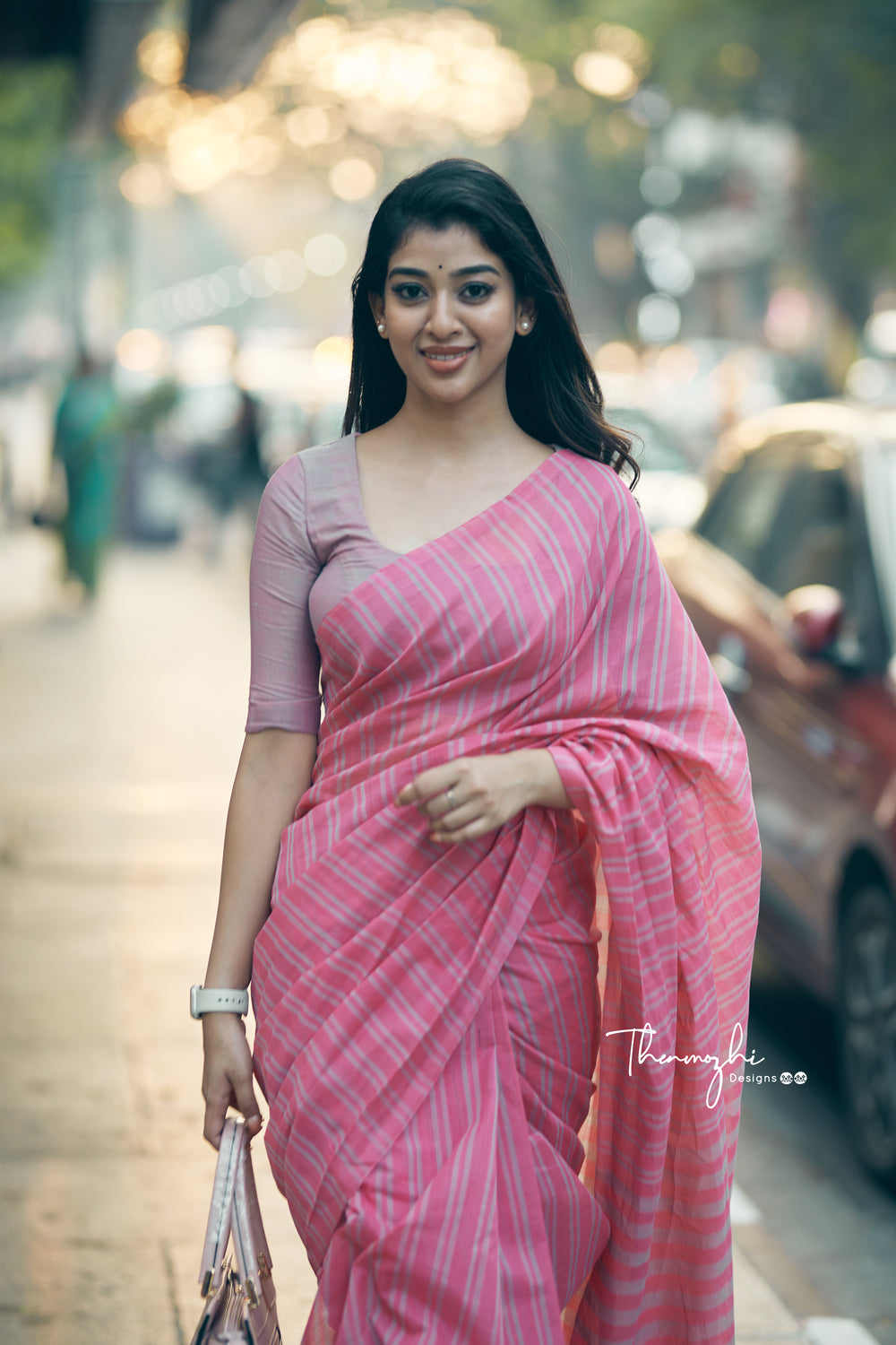 Pink Mangalagiri Cotton Stripe Saree
