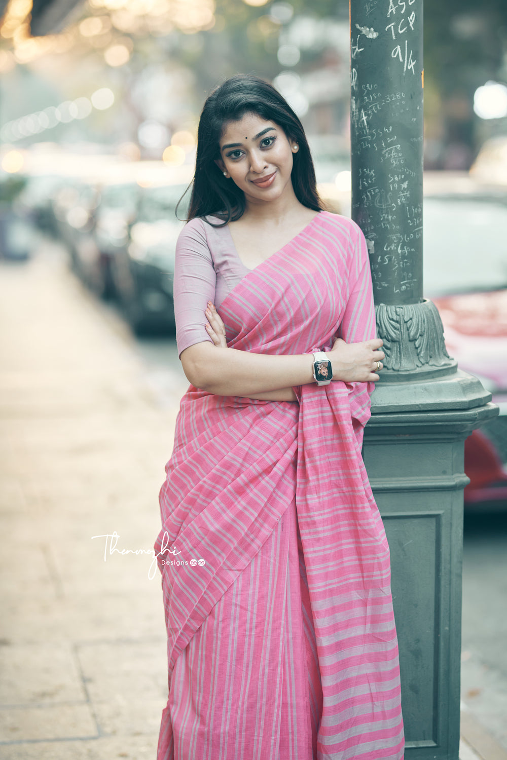 Pink Mangalagiri Cotton Stripe Saree