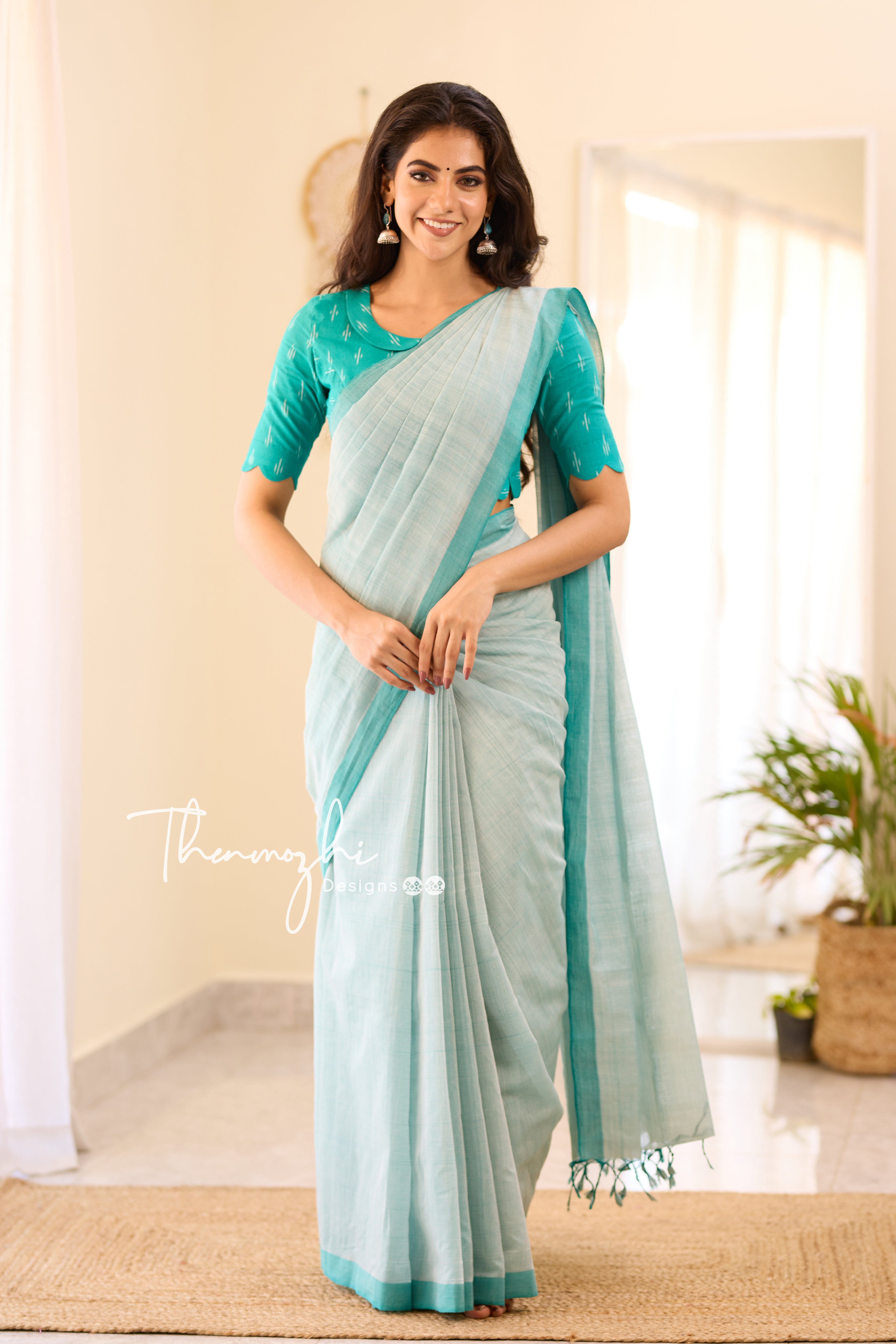 Turquoise Wonder - Turquoise Mangalagiri Plain Cotton Saree