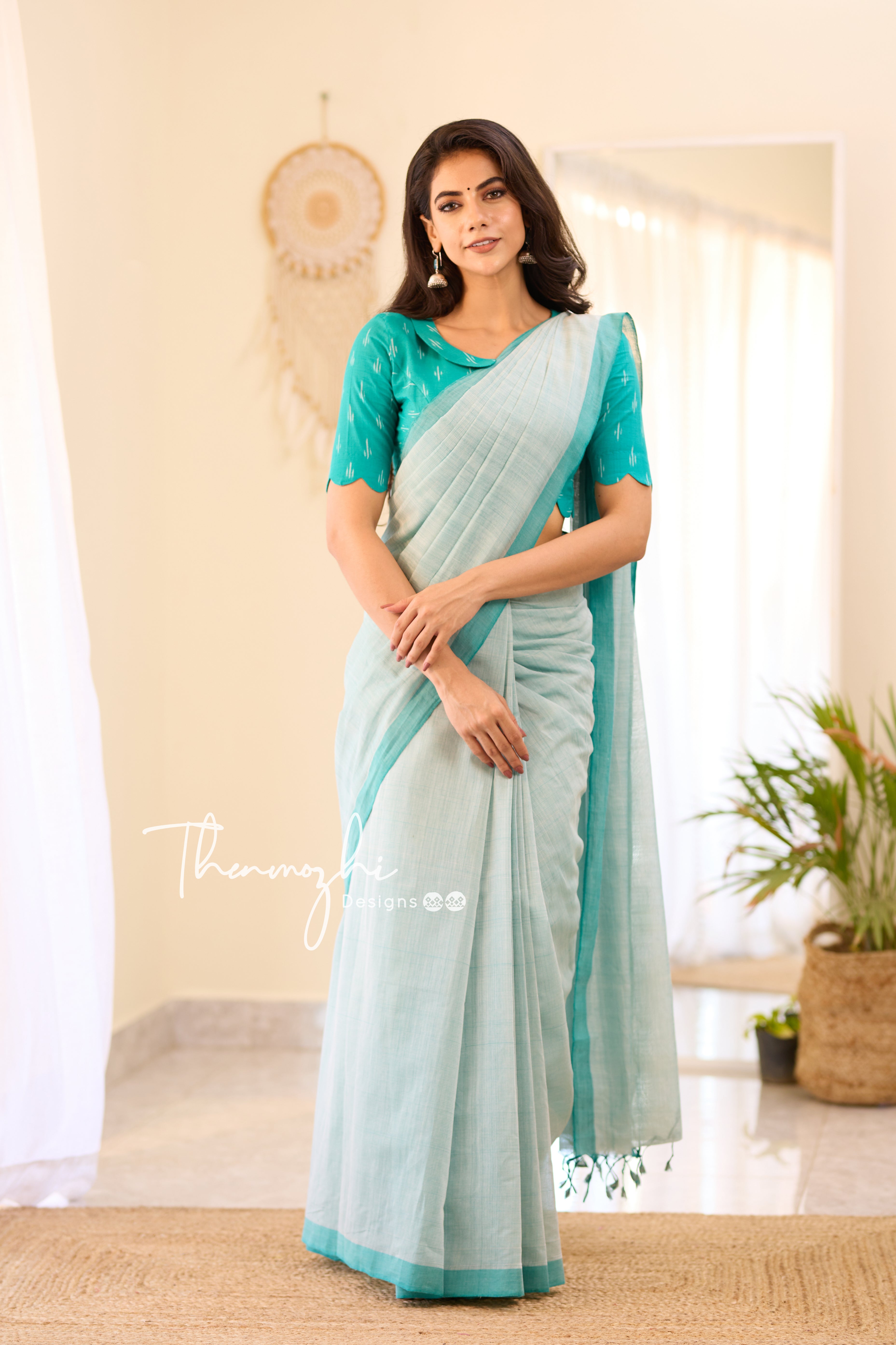 Turquoise Wonder - Turquoise Mangalagiri Plain Cotton Saree