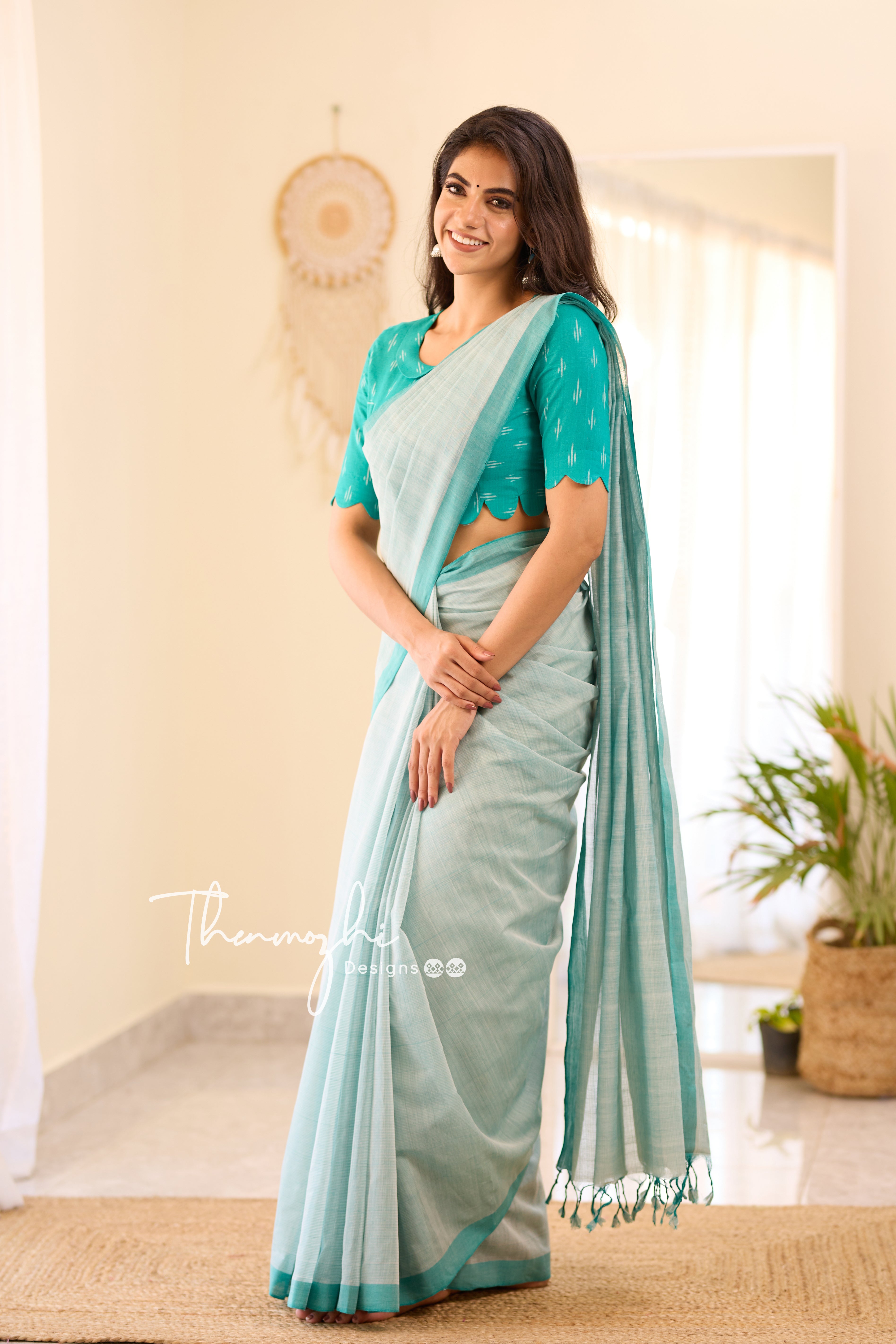 Turquoise Wonder - Turquoise Mangalagiri Plain Cotton Saree