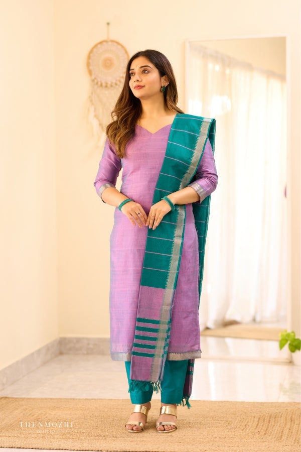Lavender Peacock Blue Mangalagiri Semi Silk Salwar