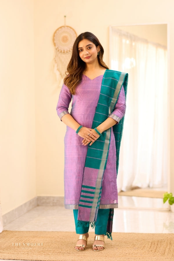 Lavender Peacock Blue Mangalagiri Semi Silk Salwar