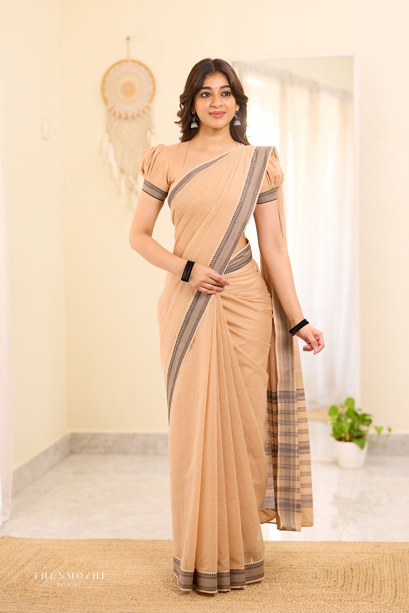 Light French Beige Mangalagiri Missing checks Cotton saree