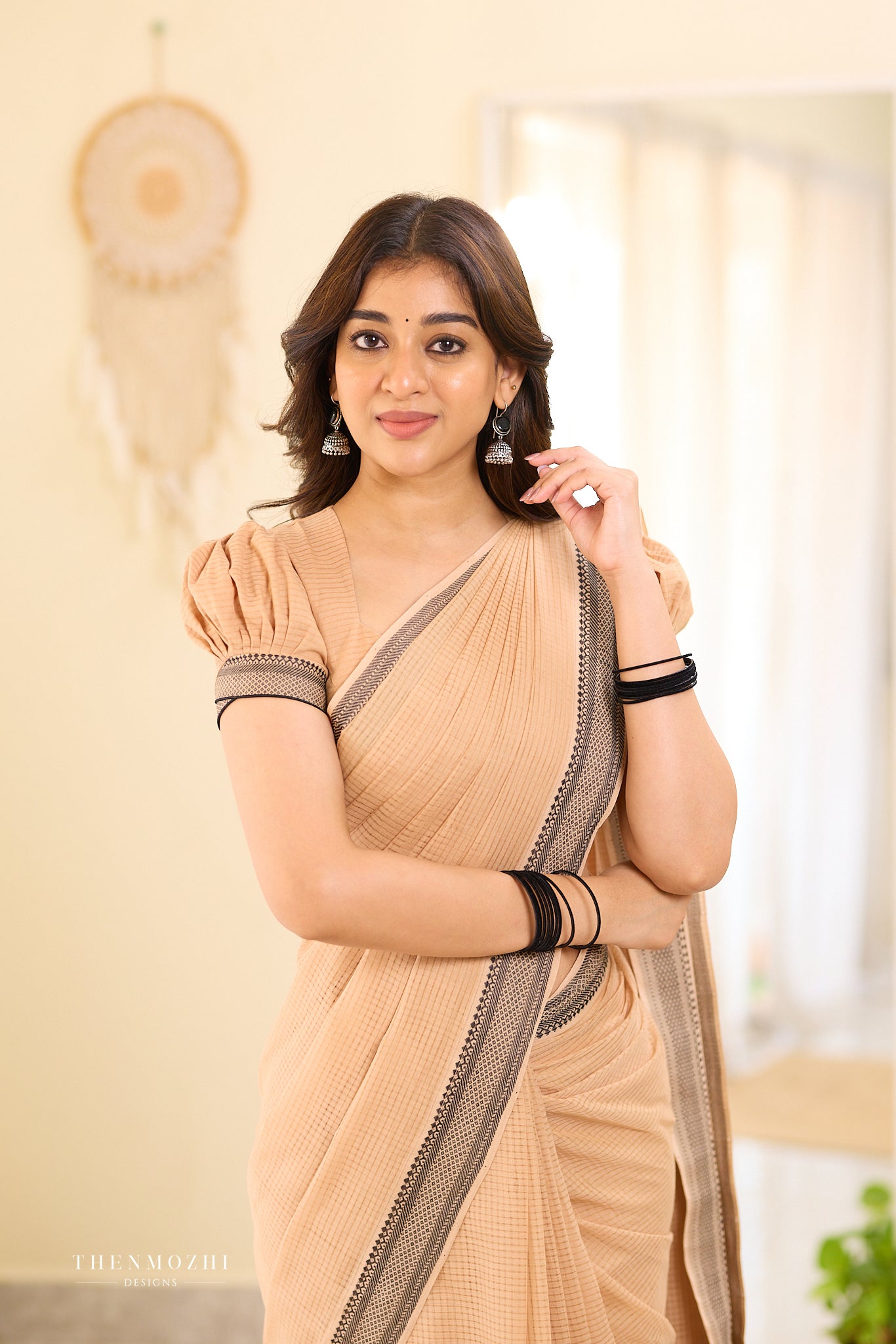 Light French Beige Mangalagiri Missing checks Cotton saree