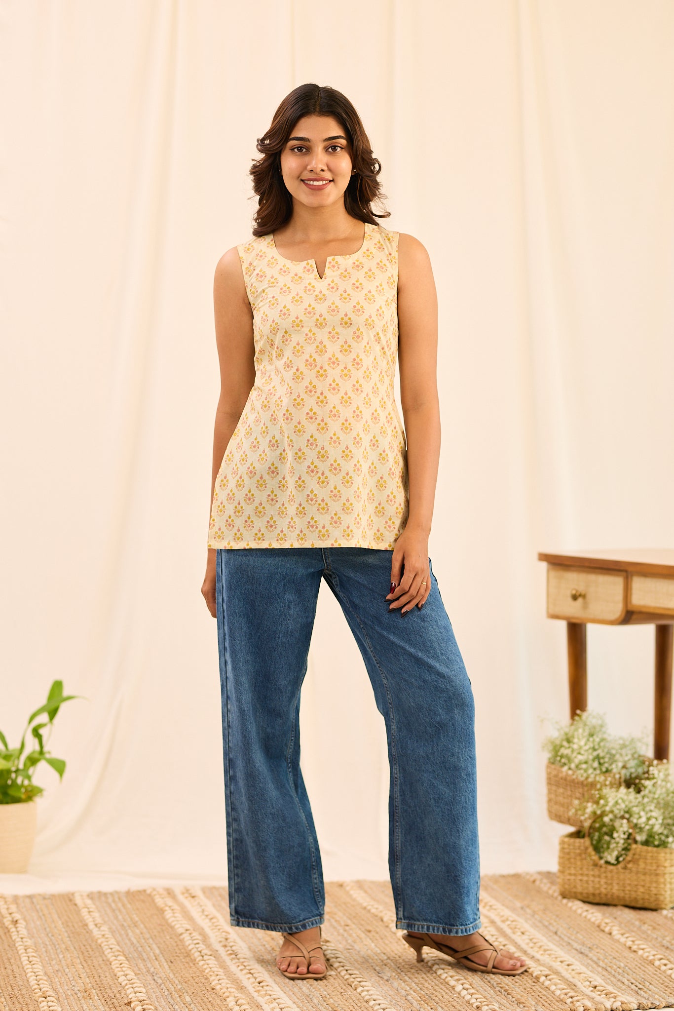 Light Ivory with Yellow Printed Sleeveless Cotton Short Kurti