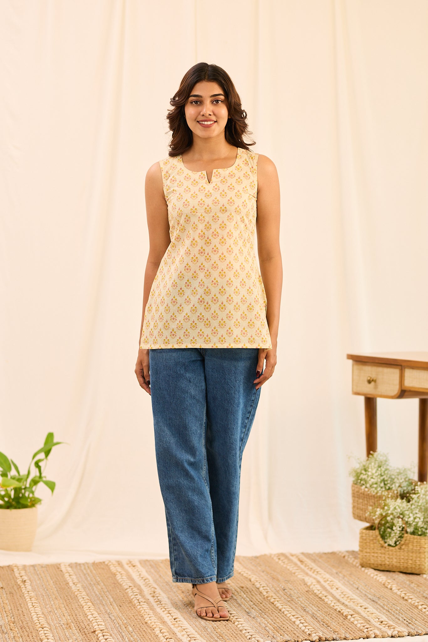 Light Ivory with Yellow Printed Sleeveless Cotton Short Kurti