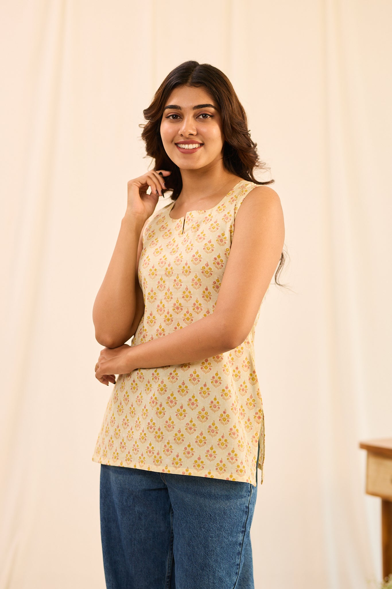 Light Ivory with Yellow Printed Sleeveless Cotton Short Kurti