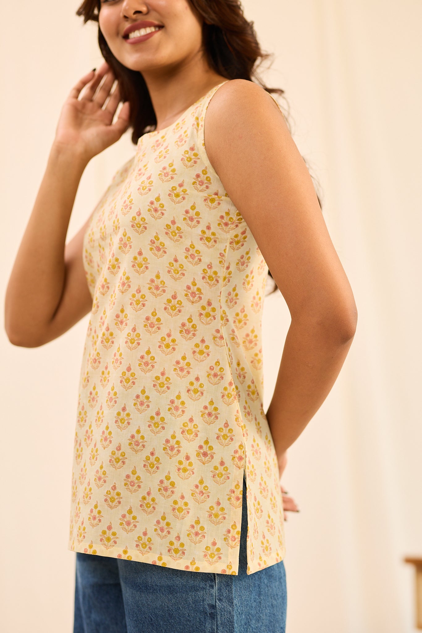 Light Ivory with Yellow Printed Sleeveless Cotton Short Kurti