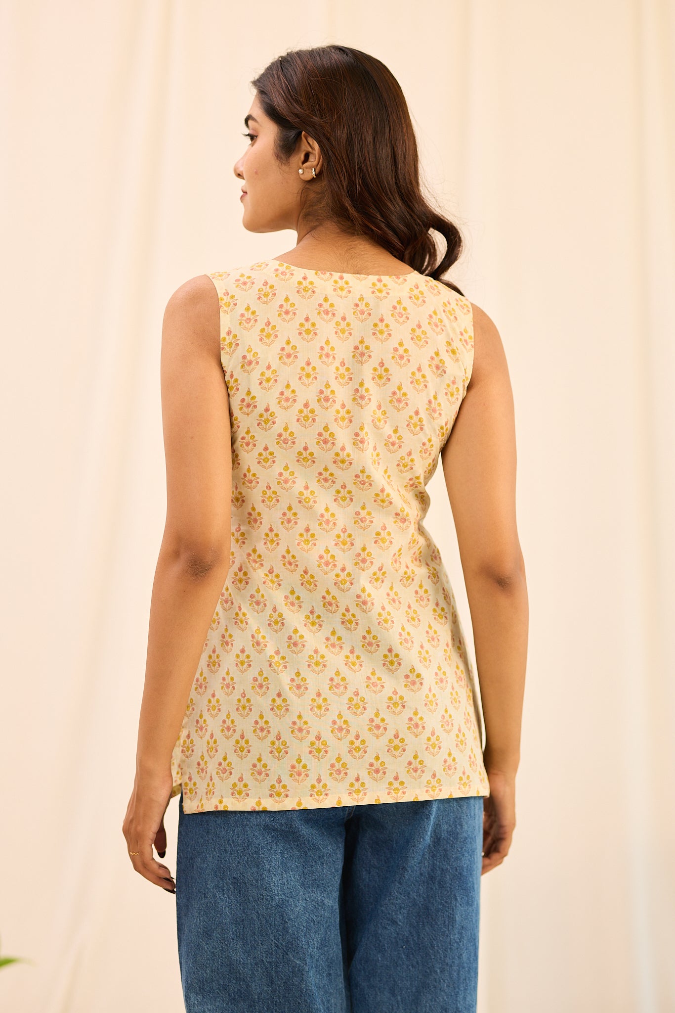 Light Ivory with Yellow Printed Sleeveless Cotton Short Kurti
