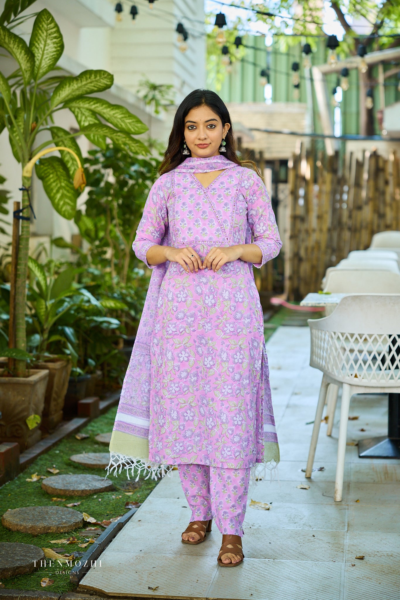 Light Lavender Floral Block Printed Cotton Suit Set with Kota Dupatta