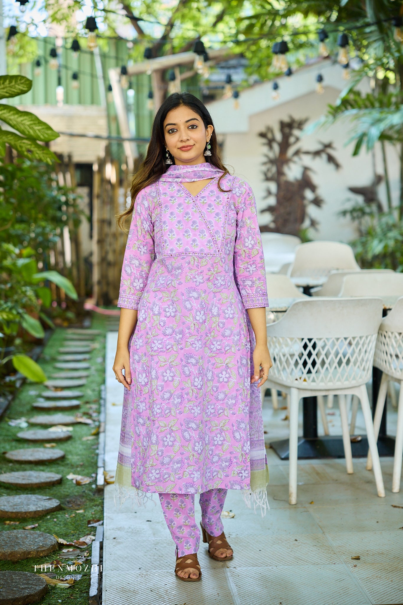 Light Lavender Floral Block Printed Cotton Suit Set with Kota Dupatta