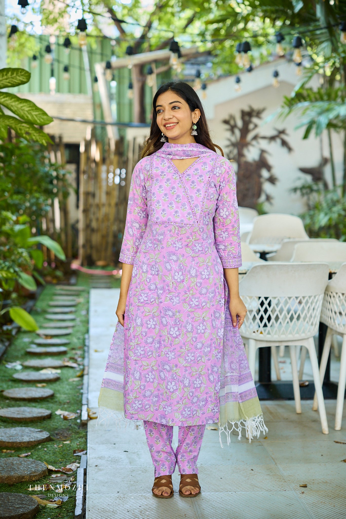 Light Lavender Floral Block Printed Cotton Suit Set with Kota Dupatta
