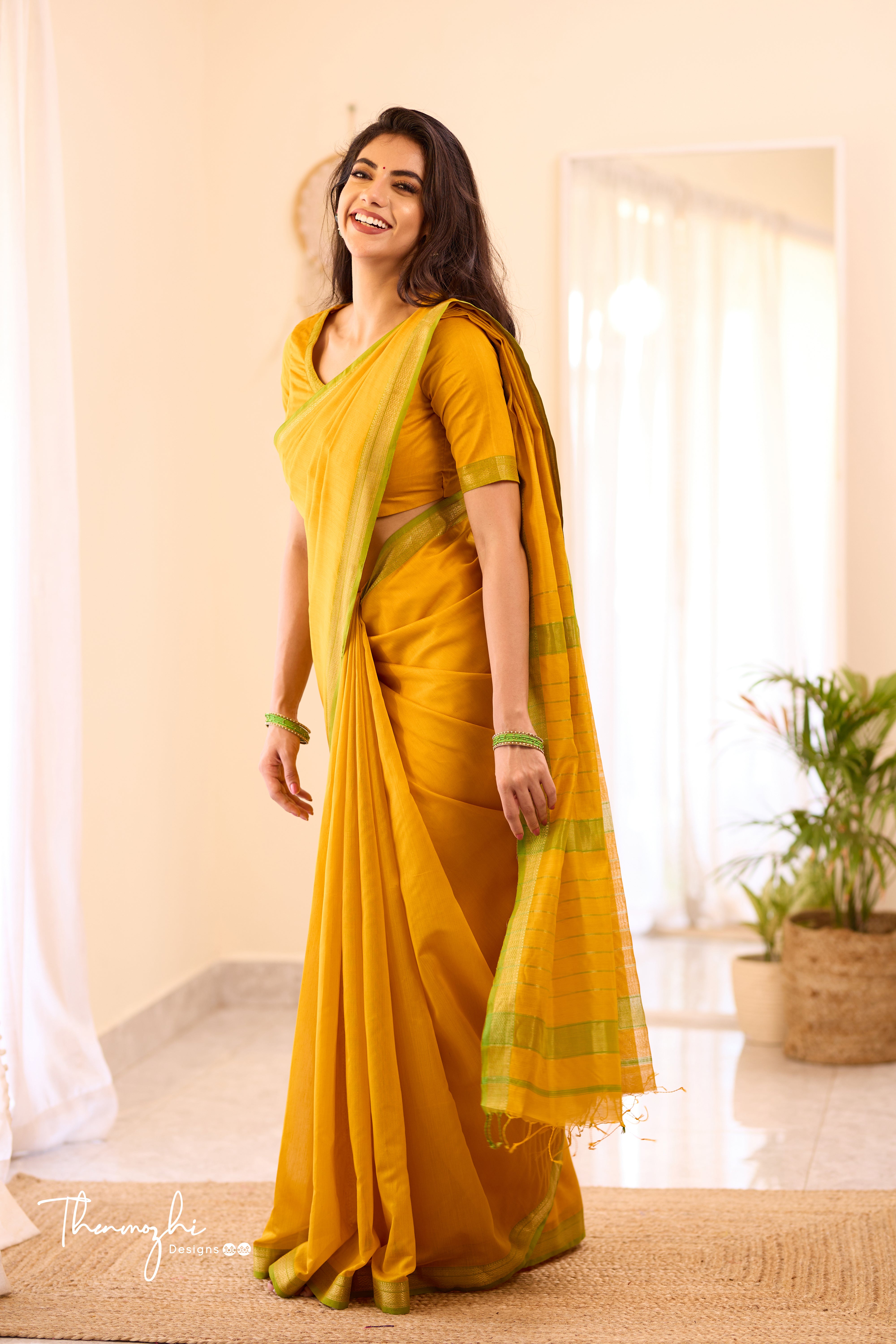 Yellow Maheshwari Silk Cotton with Green Small Border Saree